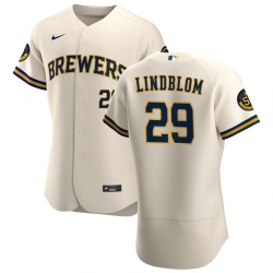 Men Milwaukee Brewers 29 Josh Lindblom Men Nike Cream Home 2020 Flex Base Player MLB Jersey