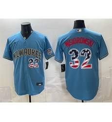 Men Milwaukee Brewers 32 Jacob Misiorowski Blue 2026 USA 250 Fourth of July Home Stadium Stitched Baseball Jersey