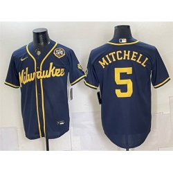 Men Milwaukee Brewers  5 Garrett Mitchell Navy With Home   Bob Uecker Patch Limited Stitched Baseball Jersey