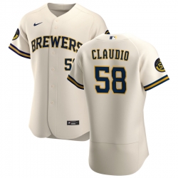 Men Milwaukee Brewers 58 Alex Claudio Men Nike Cream Home 2020 Flex Base Player MLB Jersey