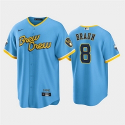 Men Milwaukee Brewers 8 Ryan Braun 2022 Powder Blue City Connect Cool Base Stitched Jersey