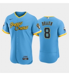 Men Milwaukee Brewers 8 Ryan Braun Powder Blue 2022 City Connect Flex Base Stitched MLB Jersey