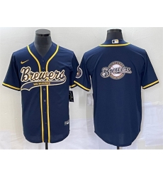 Men Milwaukee Brewers Navy Team Big Logo Cool Base Stitched Jersey