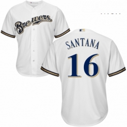 Mens Majestic Milwaukee Brewers 16 Domingo Santana Replica Navy Blue Alternate Cool Base MLB Jersey 