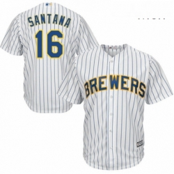 Mens Majestic Milwaukee Brewers 16 Domingo Santana Replica White Home Cool Base MLB Jersey 