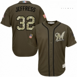 Mens Majestic Milwaukee Brewers 32 Jeremy Jeffress Authentic Green Salute to Service MLB Jersey 