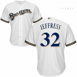 Mens Majestic Milwaukee Brewers 32 Jeremy Jeffress Replica White Alternate Cool Base MLB Jersey 