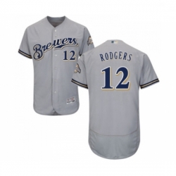 Mens Milwaukee Brewers 12 Aaron Rodgers Grey Road Flex Base Authentic Collection Baseball Jersey