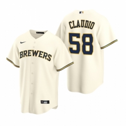 Mens Nike Milwaukee Brewers 58 Alex Claudio Cream Home Stitched Baseball Jersey