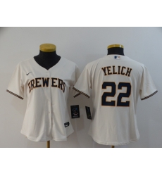 Women Brewers 22 Christian Yelich Cream Women Nike 2020 Cool Base Jersey