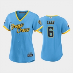 Women Milwaukee Brewers 6 Lorenzo Cain 2022 Powder Blue City Connect Cool Base Stitched Jersey