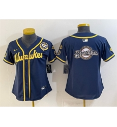 Women Milwaukee Brewers Team Big Logo Navy With Home Bob Uecker Patch Limited Stitched Jersey Women Milwaukee Brewers Team Big Logo Navy With Home Bob Uecker Patch Limited Stitched Jersey