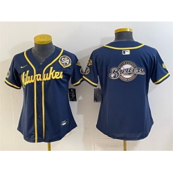 Women Milwaukee Brewers Team Big Logo Navy With Home   Bob Uecker Patch Limited Stitched Jersey  
