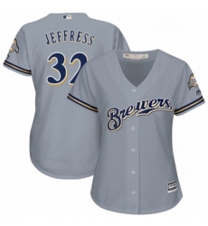 Womens Majestic Milwaukee Brewers 32 Jeremy Jeffress Replica Grey Road Cool Base MLB Jersey 