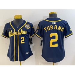 Youth Milwaukee Brewers  2 Brice Turang Navy With Home   Bob Uecker Patch Limited Stitched Jersey