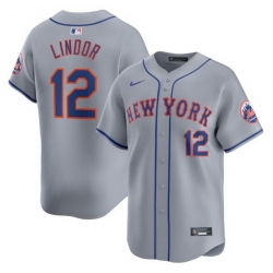 Men New York Mets 12 Francisco Lindor Grey 2024 Away Limited Stitched Baseball Jersey