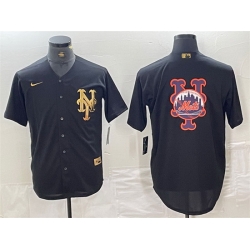 Men New York Mets Black Team Big Logo Cool Base Stitched Baseball Jersey 3