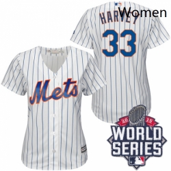 Womens Majestic New York Mets 33 Matt Harvey Authentic WhiteBlue Strip 2015 World Series MLB Jersey