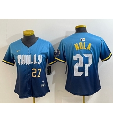 Women Philadelphia Phillies 27 Aaron Nola Blue 2024 City Connect Limited Stitched Baseball Jersey 2