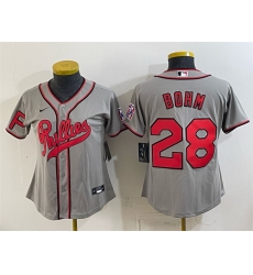 Women Philadelphia Phillies 28 Alec Bohm Gray 2026 Field of Dreams Stadium Stitched Baseball Jersey Run Small Women Philadelphia Phillies 28 Alec Bohm Gray 2026 Field of Dreams Stadium Stitched Baseball Jersey Run Small