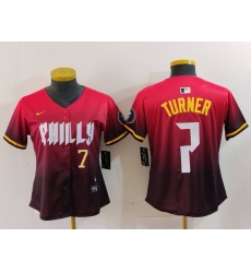 Women Philadelphia Phillies 7 Trea Turner Red 2024 City Connect Limited Stitched Baseball Jersey 5