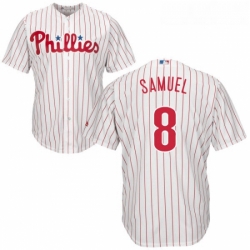 Youth Majestic Philadelphia Phillies 8 Juan Samuel Replica WhiteRed Strip Home Cool Base MLB Jersey