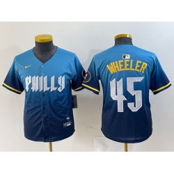 Youth  Philadelphia Phillies 45 Zack Wheeler Blue 2024 City Connect Limited Stitched Baseball Jersey 6