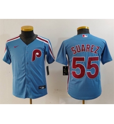 Youth Philadelphia Phillies 55 Ranger Suarez Blue Cool Base Stitched Baseball Jersey