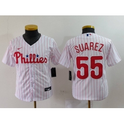 Youth Philadelphia Phillies 55 Ranger Suarez White Cool Base Stitched Baseball Jersey 4