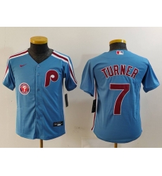 Youth Philadelphia Phillies 7 Trea Turner Blue Cool Base Stitched Baseball Jersey 1