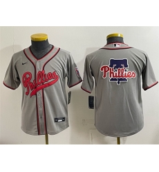 Youth Philadelphia Phillies Team Big Logo Gray 2026 Field of Dreams Stadium Stitched Baseball Jersey Youth Philadelphia Phillies Team Big Logo Gray 2026 Field of Dreams Stadium Stitched Baseball Jersey