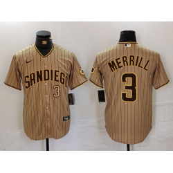 Men San Diego Padres 3 Jackson Merrill Tan Cool Base Stitched Baseball Jersey 2