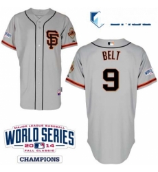 Mens Majestic San Francisco Giants 9 Brandon Belt Authentic Grey Road 2 Cool Base w2014 World Series Patch MLB Jersey