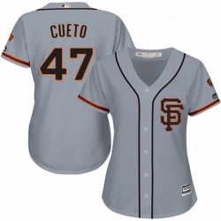 Womens Majestic San Francisco Giants 47 Johnny Cueto Replica Grey Road 2 Cool Base MLB Jersey