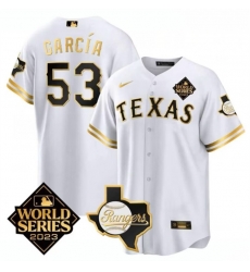 Men Texas Rangers  26 Cowboys 53 Adolis Garc EDa White 2023 World Series Splite Stitched Baseball Jersey