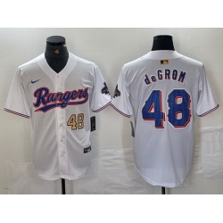 Men Texas Rangers 48 Jacob DeGrom White Gold Cool Base Stitched Baseball Jersey 2