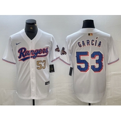 Men Texas Rangers 53 Adolis Garc EDa White Gold Cool Base Stitched Baseball Jersey 7