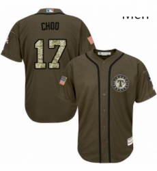 Mens Majestic Texas Rangers 17 Shin Soo Choo Replica Green Salute to Service MLB Jersey