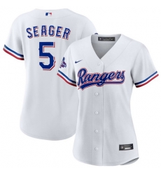 Women Texas Rangers 5 Corey Seager White 2023 World Series Champions Stitched Baseball Jersey 28Run Small 29