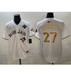 Men Toronto Blue Jays 27 Vladimir Guerrero Jr White Gold 2025 American League Champions Limited Stitched Baseball Jersey Men Toronto Blue Jays 27 Vladimir Guerrero Jr White Gold 2025 American League Champions Limited Stitched Baseball Jersey