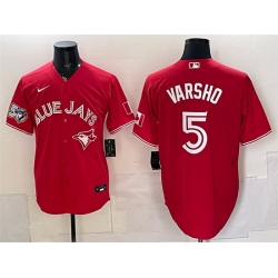 Men Toronto Blue Jays  5 Daulton Varsho Red 50 Seasons Patch Stitched Baseball Jersey