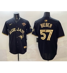 Men Toronto Blue Jays 57 Shane Bieber Black Gold 2025 American League Champions Limited Stitched Baseball Jersey Men Toronto Blue Jays 57 Shane Bieber Black Gold 2025 American League Champions Limited Stitched Baseball Jersey