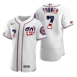 Men Washington Nationals 7 Trea Turner Men Nike White Fluttering USA Flag Limited Edition Flex Base MLB Jersey