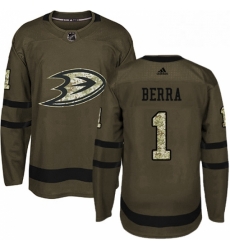 Mens Adidas Anaheim Ducks 1 Reto Berra Authentic Green Salute to Service NHL Jersey 