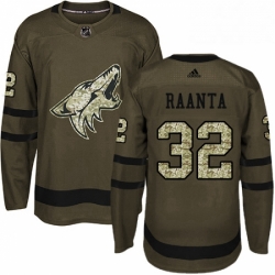 Mens Adidas Arizona Coyotes 32 Antti Raanta Authentic Green Salute to Service NHL Jersey 