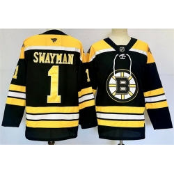 Men Boston Bruins 1 Jeremy Swayman Black 2024 25 Home Stitched Hockey Jersey