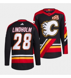 Men Calgary Flames 28 Elias Lindholm Black 2022 23 Reverse Retro Stitched Jersey