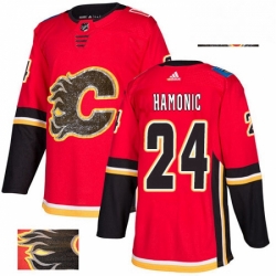 Mens Adidas Calgary Flames 24 Travis Hamonic Authentic Red Fashion Gold NHL Jersey 