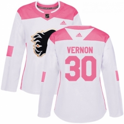 Womens Adidas Calgary Flames 30 Mike Vernon Authentic WhitePink Fashion NHL Jersey 