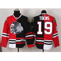 Chicago Blackhawks 19 Jonathan Toews White Skull Logo Fashion Black Red Split NHL Jerseys